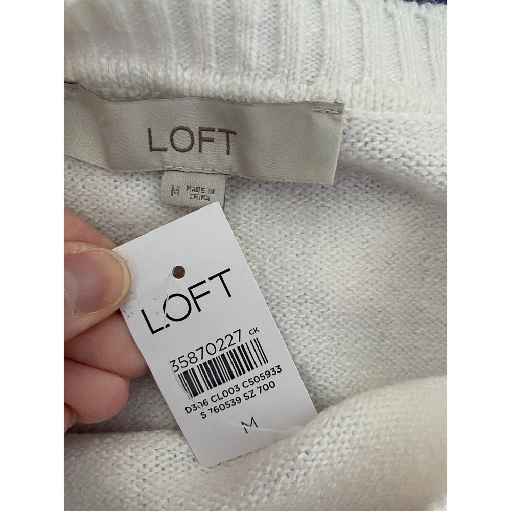 LOFT Womens Striped Crew Neck Sweater White Purple Blue Knit Pullover Size M NEW